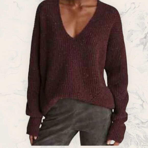 NEW Rag & Bone Donegal Recycled Wool V-neck Relaxed Fit Burgundy Sweater - Picture 1 of 5